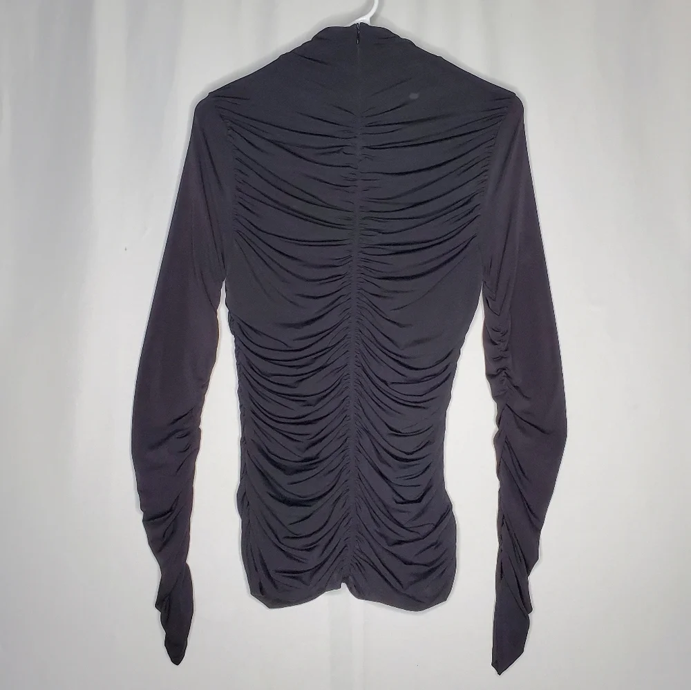 Boston Proper Top Womens XS Black Mesh Ruched Mock Zip Vtg Y2K Witchy Whimsigoth